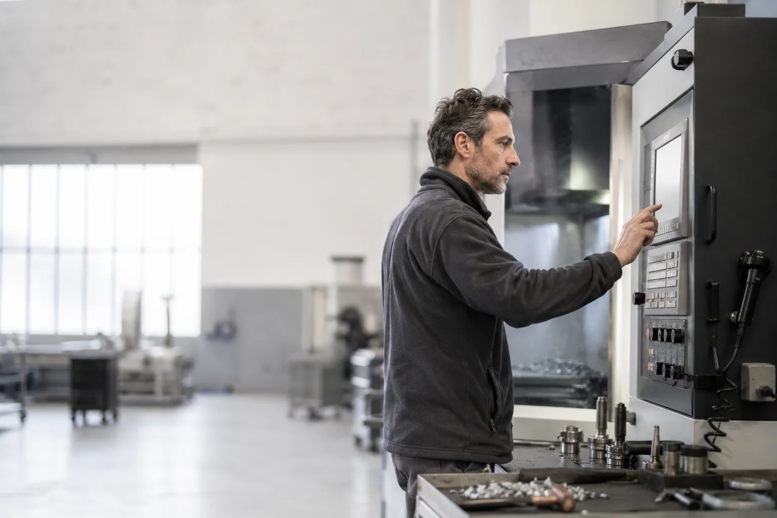 Un tecnico al pannello di controllo di un centro di lavoro, in officina.
